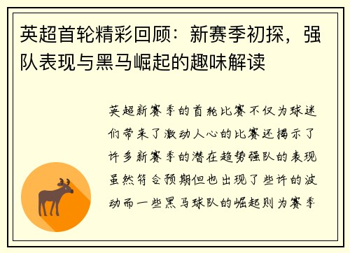 英超首轮精彩回顾：新赛季初探，强队表现与黑马崛起的趣味解读